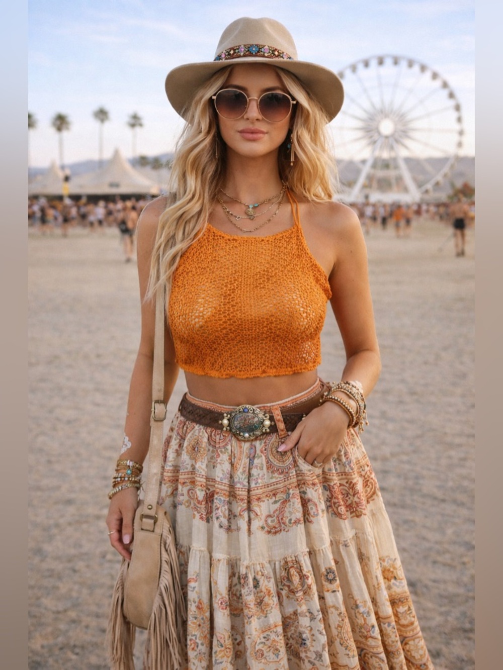 Zara Orange Mesh Knit Halter Crop Top Backless‎ Festival Beach Womens L